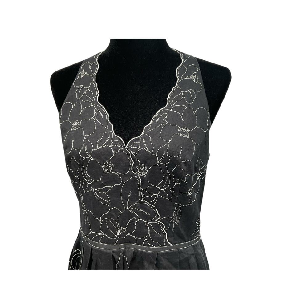 Ann Taylor Black Floral Embroidered Linen Halter Dress Size 10